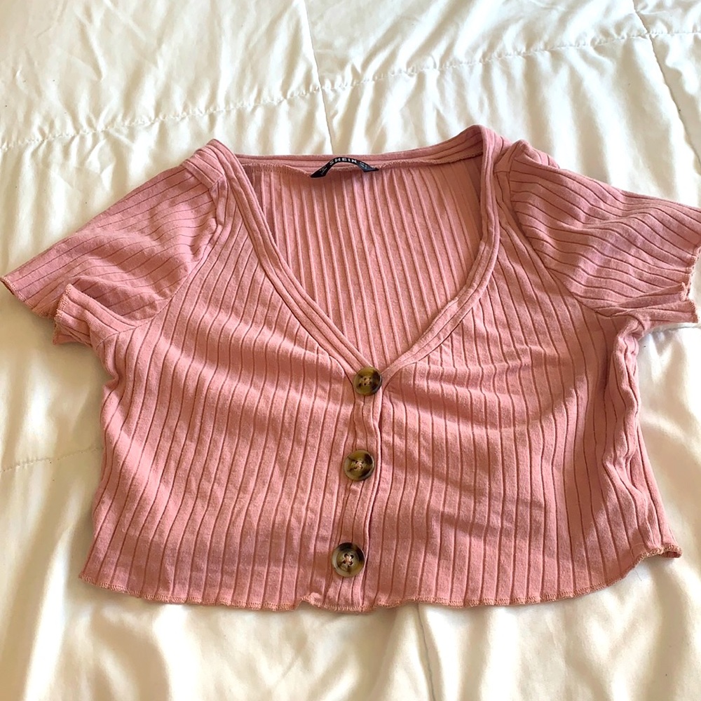 SHEIN- pink button up crop top